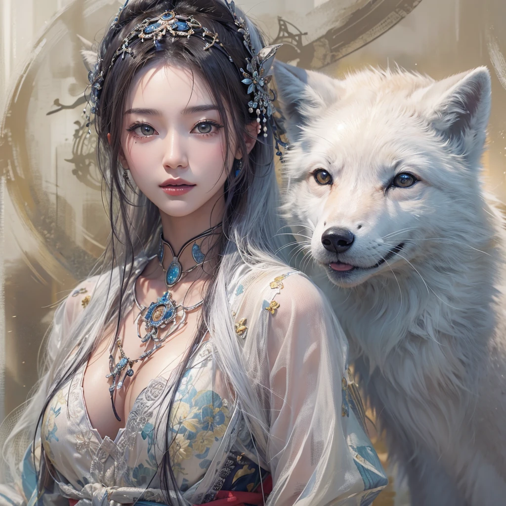 Hiding in an ancient shrine、Hair flow、 ((Highest quality、masterpiece、8K、Best image quality、Ultra-high resolution、Award-winning works)、(Accurate anatomy:1.1)、(Look at me and smile:1.1)、Shining fair skin with Ultra-high resolution、The most detailed face、Ultra-high resolution detailed face、Ultra-high resolutionの髪の毛、(Ultra-high resolutionの煌めく瞳:1.1)、Beautiful face drawn in every detail、(Blurred Background:1.1)、Ancient maiden costume, Chest to chest, tattoo、Arctic fox