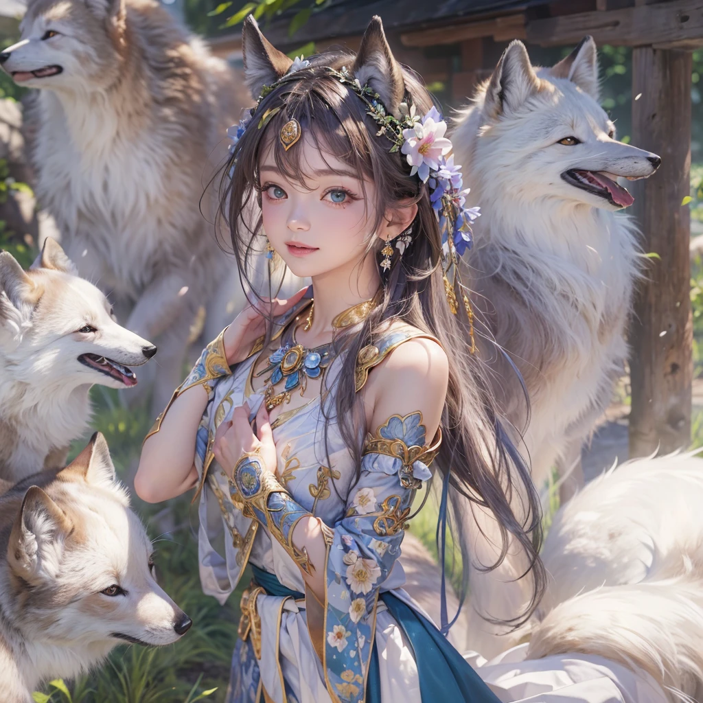 Hiding in an ancient shrine、Hair flow、 ((Highest quality、masterpiece、8K、Best image quality、Ultra-high resolution、Award-winning works)、(Accurate anatomy:1.1)、(Look at me and smile:1.1)、Shining fair skin with Ultra-high resolution、The most detailed face、Ultra-high resolution detailed face、Ultra-high resolutionの髪の毛、(Ultra-high resolutionの煌めく瞳:1.1)、Beautiful face drawn in every detail、(Blurred Background:1.1)、Ancient maiden costume, Chest to chest, tattoo、Arctic fox