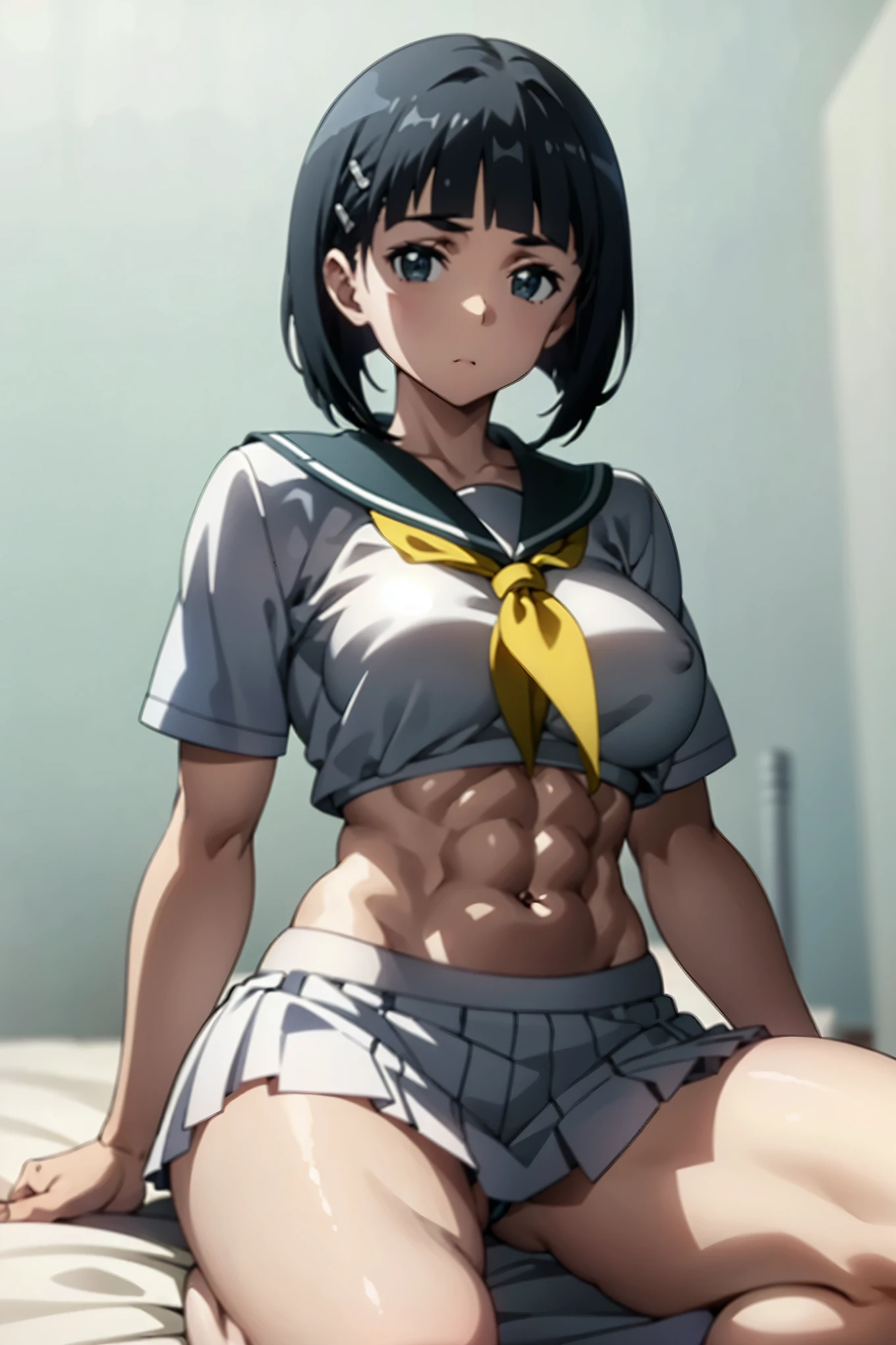 1 female,Suguha Kirigaya,white sailor suit,short sleeved,covered nipples,croptop,gray low-rise micro pleated skirt,breasts,leanbody:1.5,beautiful abs:0.7