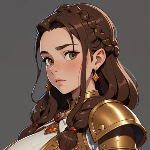 (masterpiece), (best quality),(portrait),(bust up),1girl,solo,(sharp focus),(look at viewer),(hime cut),dwarf girl,dwarf,french braid, brown hair,fat ,ancient luxurious long clothes,armor,(simple background),old school fantasy art,super shiny face,Ultra Glossy Skin,huge breasts