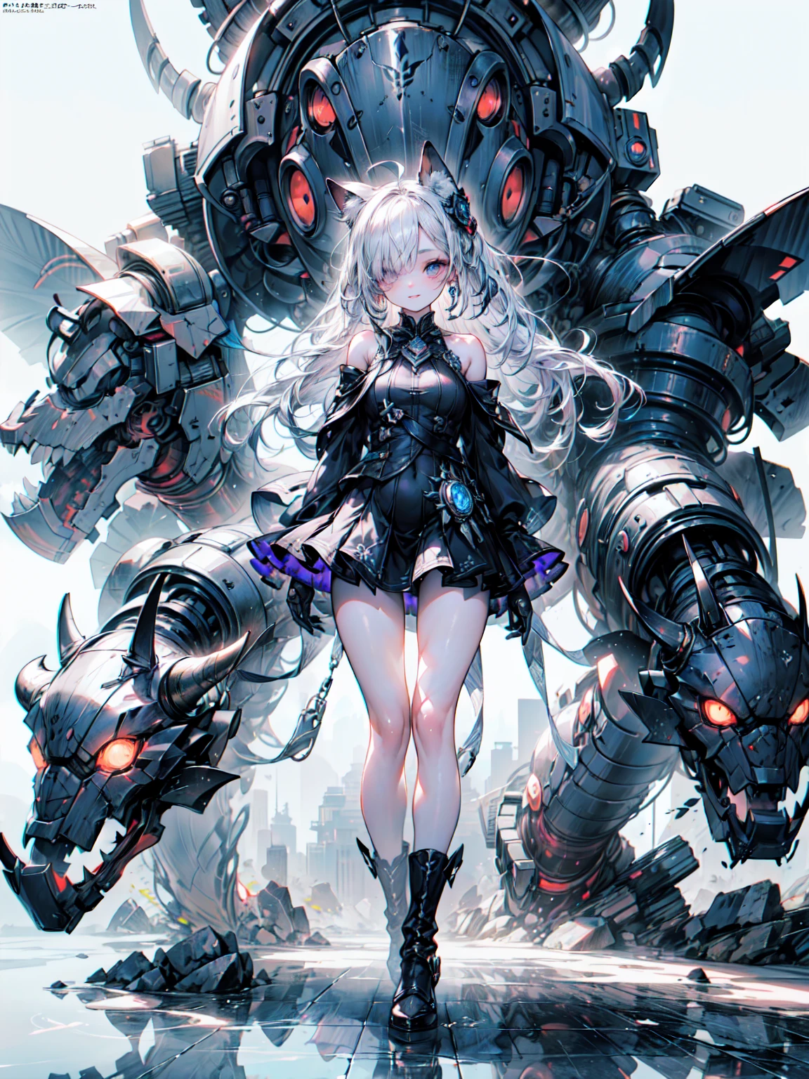 (((masterpiece, Highest quality, Very detailed))), ((Ultra-Photorealistic 3D)), Cyborg girl with complex machine, skeleton, Dynamic combat action poses, Off-the-shoulder fashion that combines steampunk and gothic ta with attention to detail, Exquisite steampunk headgear, very thin and long legs, Complex mechanical boots that reach above the knee, Fluttering lace flared mini skirt, 上を向いた美しいsmall胸, A fairly long vertical curve, (((( Very detailedな顔))), small, Thin Nose, small, Thin lips, (((Extremely sharply focused eyes))), Her very large slit, Her precise pale grey eyes sparkle like jewels.... 非常に長いeyelash, Silver hair swaying in the wind, Mandala pattern emits shining light, Many neon lights intersect and scatter, Extremely complex giant mechanical weapon, Complex machine factory goes up in flames, Very dark night background, Very dramatic and cinematic lighting, (((Dramatically improved overall accuracy, creating a Very detailed and realistic image))), High resolution (High Dynamic Range), Ray Tracing, NVIDIA, Super Resolution, Unreal 5, Scattered beneath the surface of the water, PBR Texturing, Post-processing, Anisotropic Filtering, Written boundary depth, Maximum clarity and sharpness, Multilayer Texture, Albedo and Specular Maps, Surface Shading, Accurate simulation of light-matter interactions, Perfect balance, Octane Rendering, Two-tone lighting, wide aperture, Low ISO, White balance, Three-part method, 16K RAW, Blake、（Dark Elf), (1 Girl), alone, Perfect Face, Get used to it, Ahoge, ((Long Hair:1.2)), (Hair above one eye:1.3), [[Messy Hair]], Shiny blonde white hair, Purple eyes, Variegated eyes, Colorful Hair, Shining Eyes, (eyelash, eye shadow, pink eye shadow), bright, smile, Design Art：haruhiko mikimoto, by Kawashi, By Yoshitaka Amano