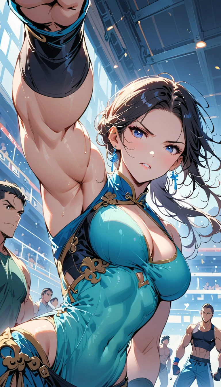 Boxing Match between muscular woman and doing a high kick, six pack, no men in background , Chinese dress crop top,  and leggings ,portrait, empty dojo background 