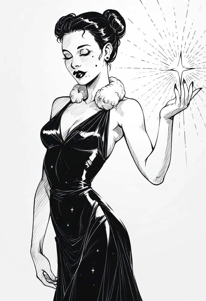 score_9, score_8_up, score_7_up, score_6_up BREAK monochrome, sketch, hatching texture, 1girl,solo, slim, pale skin tone, beauty mark, dark lipstick, regal dressing, fur trimmed black dress, dark background, bun hairstyle