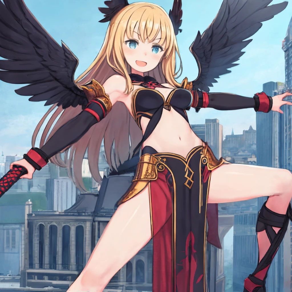 fantasy, 1girl, low_teen, blond_hair,long_bangs, bare_shoulder, navel out, thighhighs,black_armor, red_clothes,waist_armor, Glebe, hold_sword, medium_breasts, dynamic_flying_pose,Floating, (1pair_black_wings:1.2),(pelvic_curtain:1.3), Headgear ,looking_down_city,sunset_city_sky_background,,slightly_spread_legs,some_swords_floating_around_the_girl,solo,light_smile,open_mouth,open_legs,open_arms,rise_knee,rise_leg,rise_thigh,rise_leg,forward_leaning_posture,apart_legs,