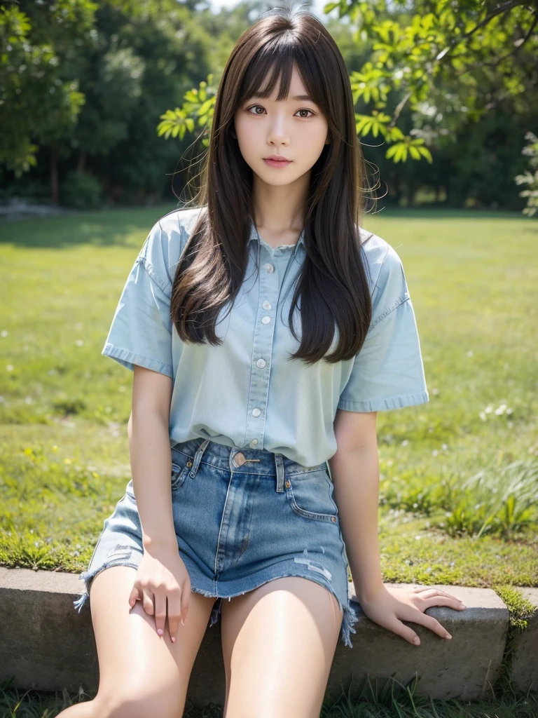 Denim skirt 、(Highest quality)、((Very detailed))、4K、(8K)、masterpiece、Very detailedな、Highest quality、Super Resolution、1 person、Kind Face、Soft Light、RAW quality、Soft Skin、163cm、30 years old、knees、grass