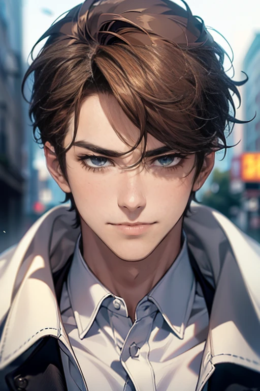 (tmasterpiece, high resolution, ultra - detailed:1.0), (1 male, masculine face, 31 years, CEO), Perfect male body, tall and strong, Adult male, Delicate eyes and delicate face, Extremely detailed CG, Unity 8k wallpaper, Complicated details, Detailed face, (short brown hair, short hair, smile in love faces, blur eyes, white shirts,), (frown, smile in love:1.3), stad in corporativo, empresa, escritório style, color difference, Depth of field, dramatic shadow, Ray tracing, Best quality, Cinematic lighting, offcial art,Portrait
