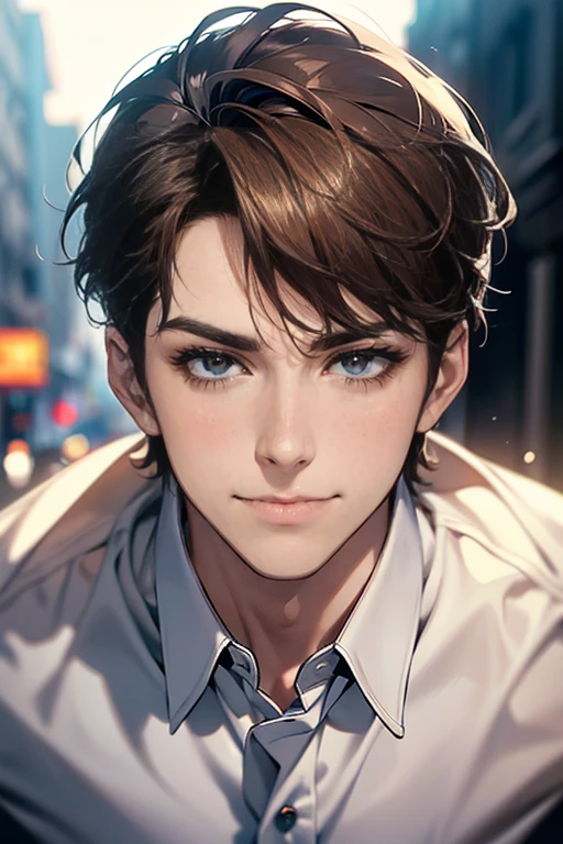 (tmasterpiece, high resolution, ultra - detailed:1.0), (1 male, masculine face, 31 years, CEO), Perfect male body, tall and strong, Adult male, Delicate eyes and delicate face, Extremely detailed CG, Unity 8k wallpaper, Complicated details, Detailed face, (short brown hair, short hair, smile in love faces, blur eyes, white shirts,), (frown, smile in love:1.3), stad in corporativo, empresa, escritório style, color difference, Depth of field, dramatic shadow, Ray tracing, Best quality, Cinematic lighting, offcial art,Portrait