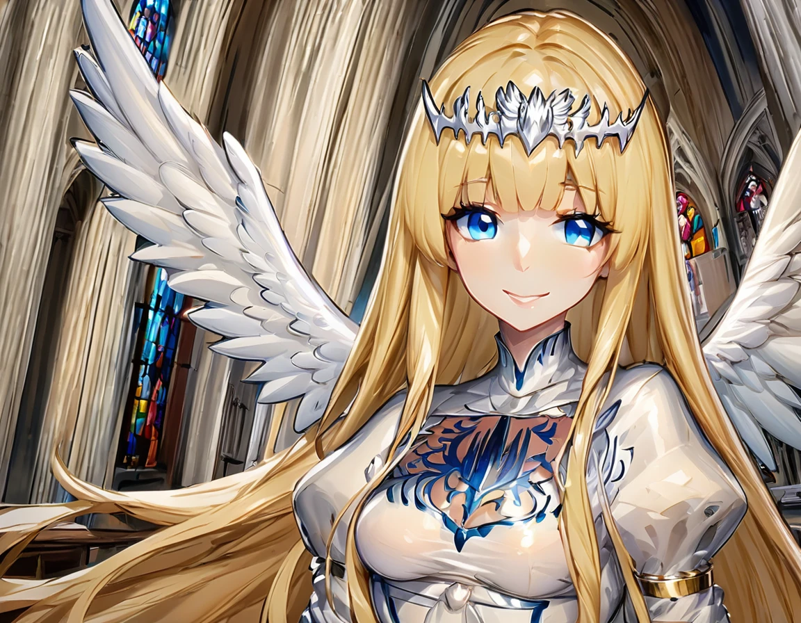 1angel,solo, calca, blonde hair, ,( extremely long hair:1.3), very long hair, extra long hair, white tiara, white dress, blue eyes,Calca Bessarez, medium breast,Calca, indoor, church, cathedral, stained glass, close up, upper body, (extremely large white wings:1.5), very big angel feature wings, halo, smile, happy