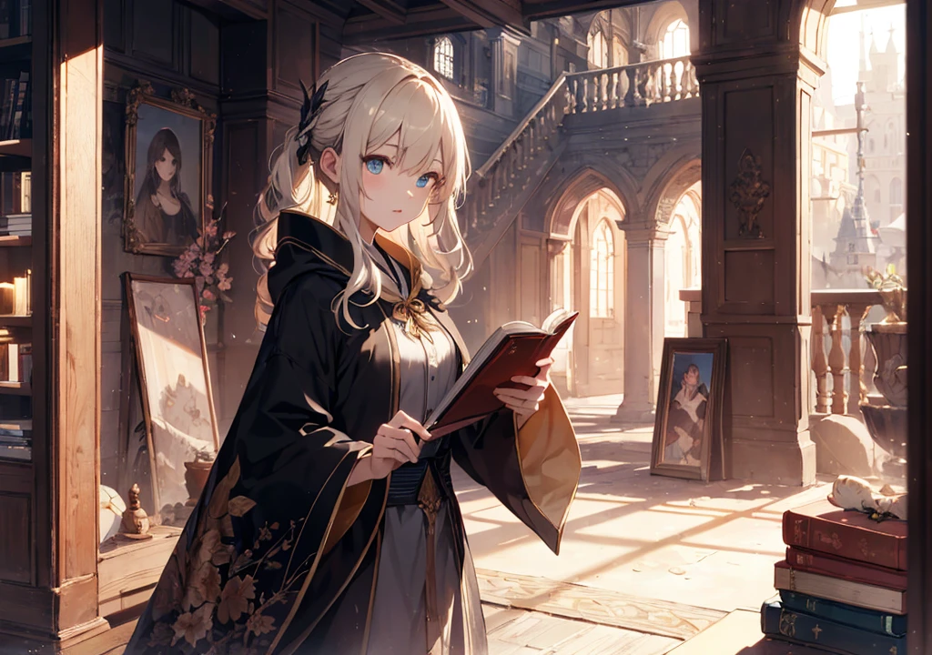 Realistic photos, Focus distance 10mm, Beautiful girl, Realistic photos, Focus distance 10mmで撮影, masterpiece, 最high quality, high quality, Very detailed CG 8k wallpaper unit, Award-winning photography, Bokeh, Depth of written boundary, High resolution, bloom, chromatic aberration, Realistic, Very detailed, Art Station Trends, CGsociety Trends, Complex, High detail, dramatic, Art on the go, volumetric lighting, Final Fantasy style beautiful girl、Blue Eyes、Golden Hair、Mystic Robe、Ancient book in hand、Castle in the sky in the background