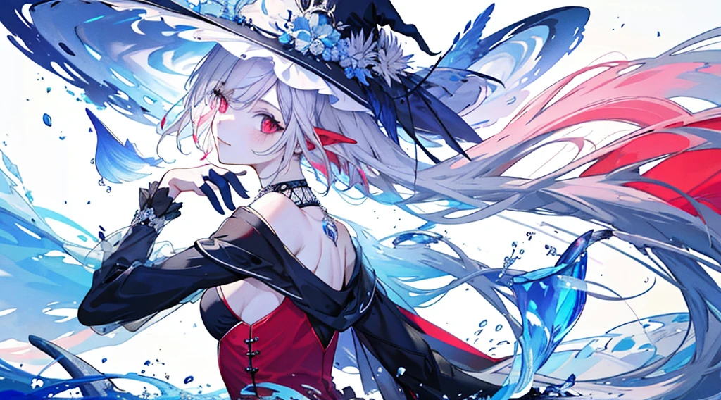 （（tmasterpiece：1.4，Best quality））+，（hyper-detailing）+，（Ultra-detailed eyes）+，（winged ears：1.5），
（cute girls），15year old，（dark red eye：1.15），Long gray hair，dual horsetail，Bushy hair，red hairband（wariza：1.2），pale-skinned，Think hard，ssmile，bloods，blood stain
（She wears conservative blue, red and black dress，red pattern，Lots of fluff：1.5），（Black gloves：1.4）The sleeves are long，pearls necklace，Black earringerfolk，The coralenghua，gem jewelry，Ocean of fish and trees，White witch hat，Conch headdress，clarinet，sing，fish flocks，Fishbone decoration，Place your hands behind your back，Turn your head forward，the shark，whales
（Fishtail：1.1），
（dawn light：1.2），
（Thick black and white：1.16），（depth of fields：1.4）Complicated details，color mixing，Detailed route，Excellent,super detailing,The content is very detailed,(hight contrast:1.11),wind,Amazing cleavage,beautidful eyes,messy  hair,(best illuminate，Extremely Delicately Beautiful), ((movie light lighting)), (seen from the side:1.3)，8K,tmasterpiece，Best quality，cinematic Film still from，1 plump girl，floating in sky，Intertwined clouds，cloud，（Close-up cleavage：1.1），bright，cheerful，Interesting，gentlesoftlighting，（bauhaus，shape，line engineering，Abstract：1.1）offcial art， Unity 8k Wallpaper， ultra - detailed， Beautiful and beautiful， tmasterpiece， Best quality， （dynamic angle：1.4），romantic depth of field exotic_dances，Perfect NwsjMajic，（tmasterpiece，top-quality，Best quality，offcial art，Beauty and aesthetics：1.2），The content is very detailed，rich colourful，highest details，