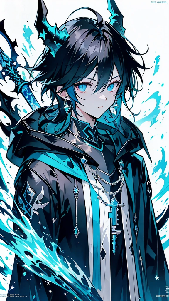 (masterpiece:1.2、highest quality), (Exquisite eyes: 1.2), (Detailed Background、Dark fantasy), (beauty detailed face), High Contrast, (Best lighting、Very delicate and beauty), ((Cinema Lighting) )), colorful, Hyper Detail, Dramatic Light, Intricate details, (1 teen boy, scruffy black hair, bangs, Blue eyes, moon, dark night, long earrings, black hoodie, blue demon horns, blue great sword at the back, looking at viewer, upper body), Black light swirling around the character, Depth of written boundary, black light particles, Nightcore, Spectacular anime style, zerochan art, Anime Wallpaper, Burning, High quality anime art style, Key Anime Art