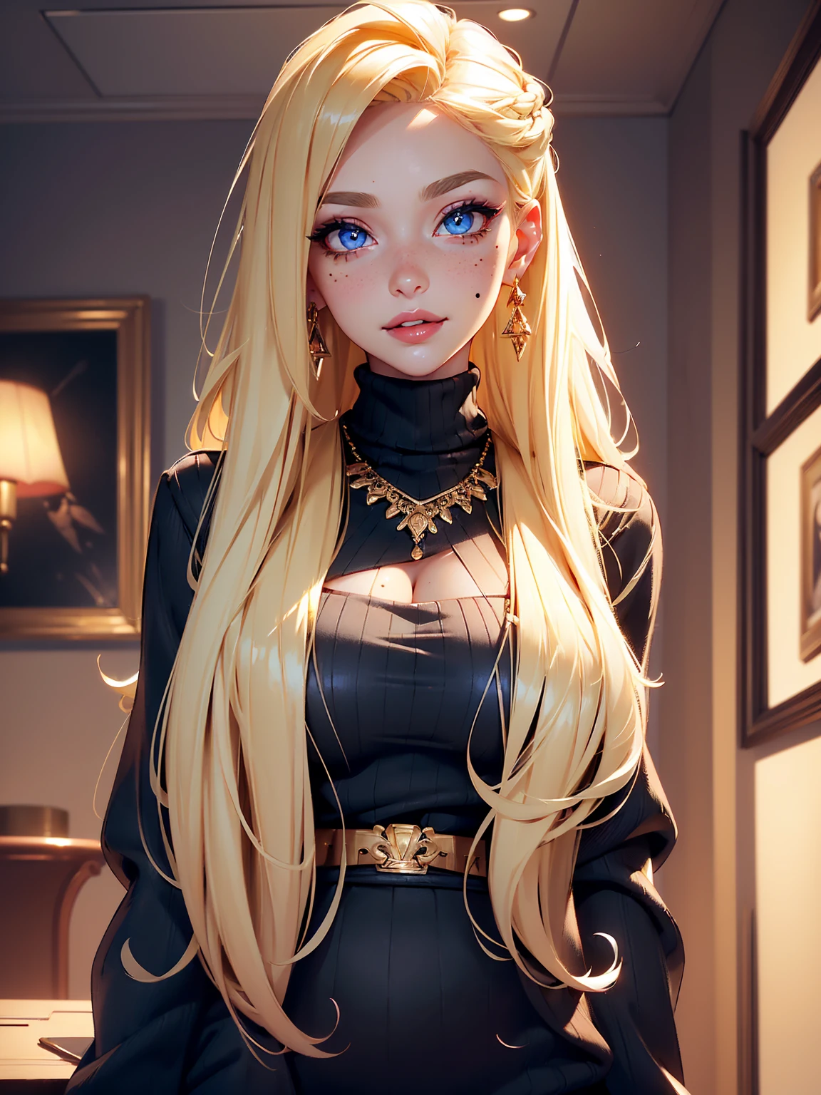 (((Blonde stunning hair))), (blue eyes), blue necklace, Golden earrings, Fit, Gorgeous Body, gorgeous, brown eyebrows, (two moles over lip), big pupils, (23 years old), 1girl,solo, complex skin, warm light, (large breasts), wide thighs, round butt, 5 fingers, ((blushing)), ((detailed face, best quality)), ((masterpiece)), ((ultra-detailed)), (beautiful detailed eyes), red lip, eyeshadow, beautiful face, long hair, very detailed eyes, intricate details in eyes, perfect lips, good lighting, ((turtleneck sweater wearing, garter black belt wearing)), in pink office room, workplace background, evil smile, cleavage, from below, full body:1.4