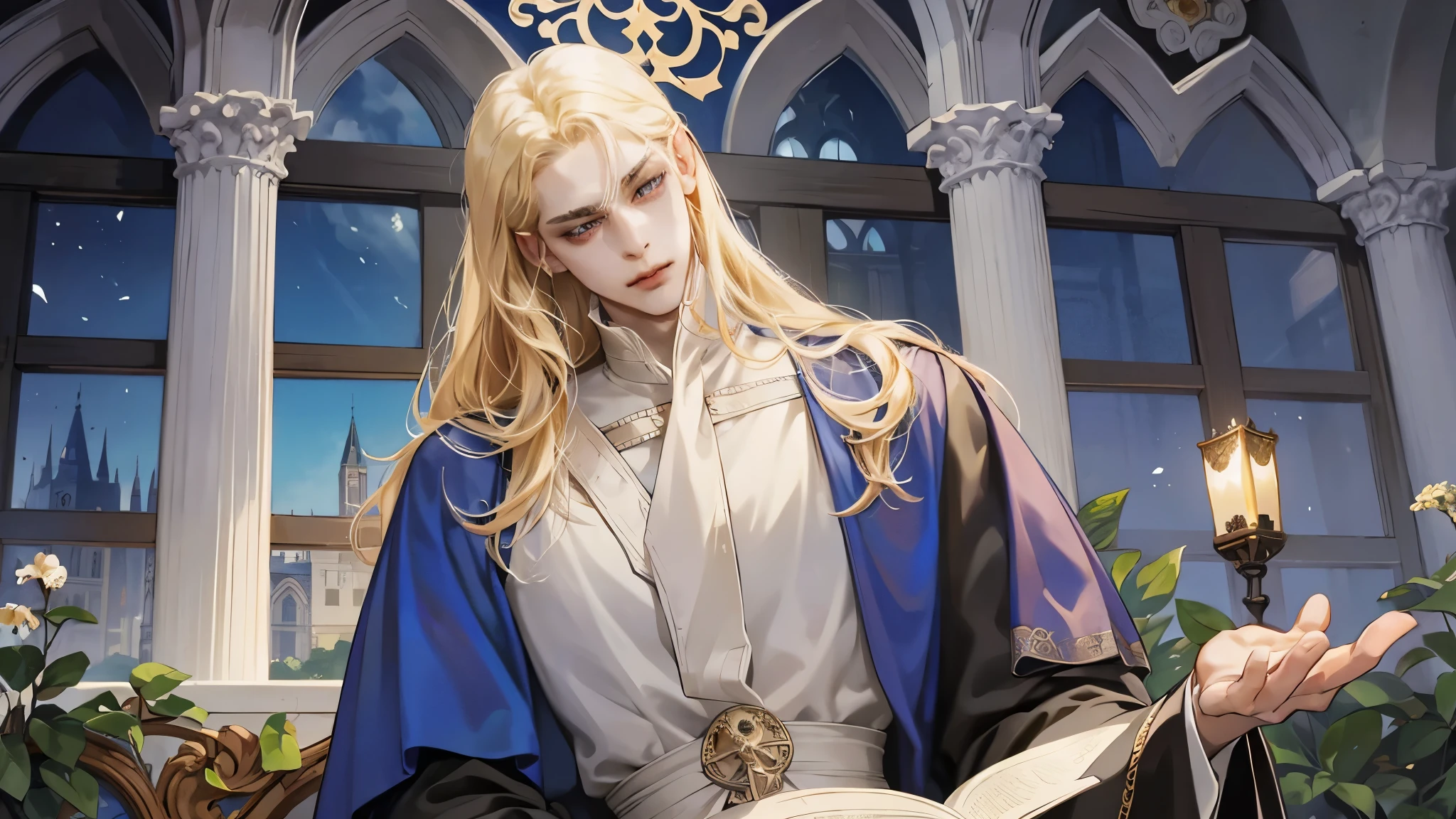 Middle Ages, One, Castlevania Lord handsome, a thin man heads a monastery, beautiful robe, white fabric clothes, A cross hangs around my neck, priest, dynamic pose, super detailed face, long hair, blonde hair, Sharp facial features, adult, handsome man, heavenly eyes, beautiful hands, in a beautiful garden, gothic windows, church, deep light, detailed face, A thoughtful look , beautiful fingers