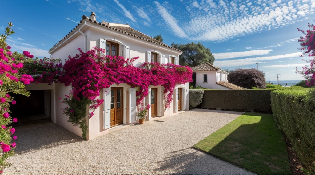 PLATEFORME KTHOUSE, Beaucoup de belles fleurs rouges le long de la route:1.3, Romantique, 1 maison de style néoclassique, La maison de ville est faite de murs blancs, Belle lumière, journée de beauté, ensoleillé, Beaucoup de bougainvilliers rouges le long de la route:1.3, belle sensation de jeunesse :1.2, soleil à midi, Très belles ombres,