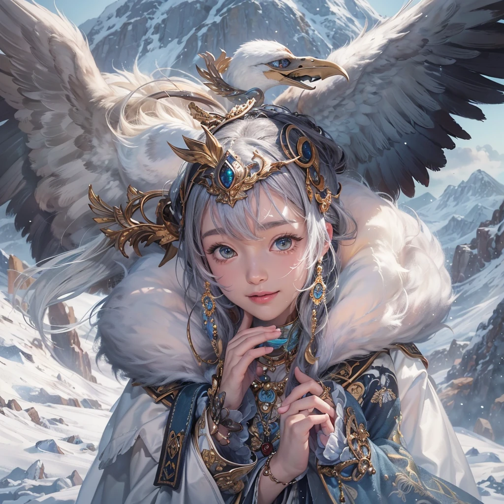 Hiding in the snowy mountains、Hair flow、 ((Highest quality、masterpiece、8K、Best image quality、Ultra-high resolution、Award-winning works)、(Accurate anatomy:1.1)、(Look at me and smile:1.1)、Shining fair skin with Ultra-high resolution、The most detailed face、Ultra-high resolution detailed face、Ultra-high resolutionの髪の毛、(Ultra-high resolutionの煌めく瞳:1.1)、Beautiful face drawn in every detail、(Blurred Background:1.1)、Ancient Inuit clothing, Chest to chest, tattoo, Old ruins in the background、Apart from the real giant eagle