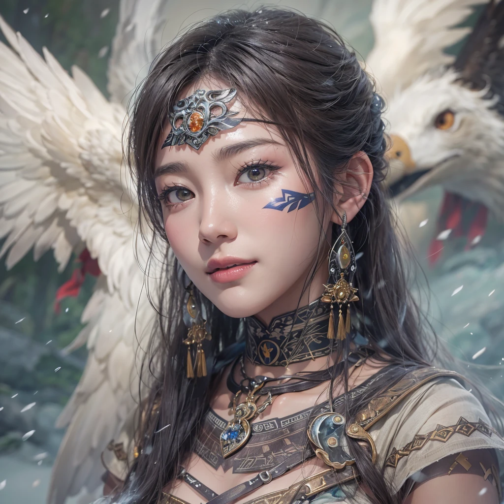 Hiding in the snowy mountains、Hair flow、 ((Highest quality、masterpiece、8K、Best image quality、Ultra-high resolution、Award-winning works)、(Accurate anatomy:1.1)、(Look at me and smile:1.1)、Shining fair skin with Ultra-high resolution、The most detailed face、Ultra-high resolution detailed face、Ultra-high resolutionの髪の毛、(Ultra-high resolutionの煌めく瞳:1.1)、Beautiful face drawn in every detail、(Blurred Background:1.1)、Ancient Inuit clothing, Chest to chest, tattoo, Old ruins in the background、Apart from the real giant eagle