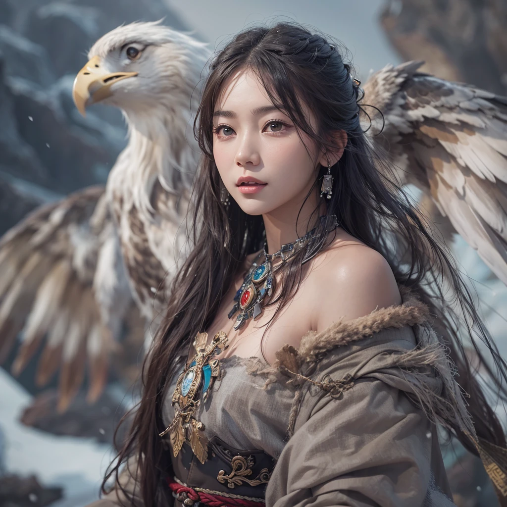 Hiding in the snowy mountains、Hair flow、 ((Highest quality、masterpiece、8K、Best image quality、Ultra-high resolution、Award-winning works)、(Accurate anatomy:1.1)、(Look at me and smile:1.1)、Shining fair skin with Ultra-high resolution、The most detailed face、Ultra-high resolution detailed face、Ultra-high resolutionの髪の毛、(Ultra-high resolutionの煌めく瞳:1.1)、Beautiful face drawn in every detail、(Blurred Background:1.1)、Ancient Inuit clothing, Chest to chest, tattoo, Old ruins in the background、Apart from the real giant eagle