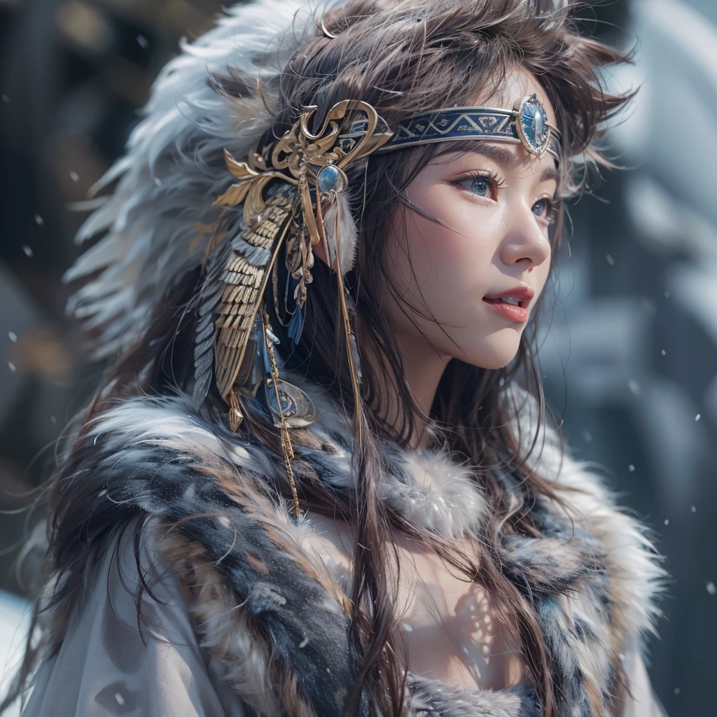 Hiding in the snowy mountains、Hair flow、 ((Highest quality、masterpiece、8K、Best image quality、Ultra-high resolution、Award-winning works)、(Accurate anatomy:1.1)、(Look at me and smile:1.1)、Shining fair skin with Ultra-high resolution、The most detailed face、Ultra-high resolution detailed face、Ultra-high resolutionの髪の毛、(Ultra-high resolutionの煌めく瞳:1.1)、Beautiful face drawn in every detail、(Blurred Background:1.1)、Ancient Inuit clothing, Chest to chest, tattoo, Old ruins in the background、Apart from the real giant eagle