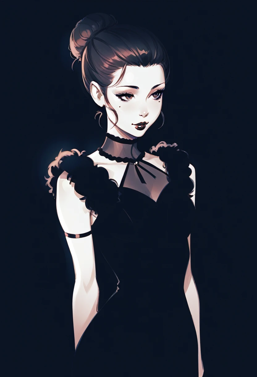 score_9, score_8_up, score_7_up, score_6_up BREAK monochrome, sketch, hatching texture, 1girl,solo, slim, pale skin tone, beauty mark, dark red lipstick, regal dressing, fur trimmed black dress, dark background, bun hairstyle