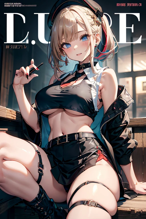 (masterpiece:1.2), (Military uniform magazine cover:1.4),best quality,PIXIV,Sweet girl , sexy posture,1girl, (perky chest:1.2), rolling upskirt by wind:1.6, (with sparkling eyes and a contagious smile),open mouth, (pointed chest:1.2),fishnets, black hair, boots, long hair, black nails, skirt, shirt, solo, black footwear, bag, black skirt, jewelry, jacket, on head, black jacket, thigh strap, bangs, necktie, earrings, nail polish, multicolored hair, looking at viewer, full body, bottle, own hands together, belt, jacket on shoulders, food, cats on head, black necktie, ring, choker, english text, collared shirt, blue eyes, platform boots, hat, lace-up boots ,masterpiece、highest quality、Very detailed、An illustration、Beautiful fine details、One Girl、cute、Detailed landscape、Training Room Background:1.4、Platinum Blonde Hair、Braided Ponytail、Red camisole、((D cup breasts, Tank top showing underboob:1.3))