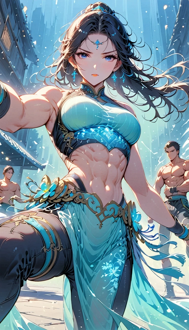Boxing Match between muscular woman and doing a high kick, six pack, no men in background , Chinese dress crop top, and leggings ,portrait, empty dojo background