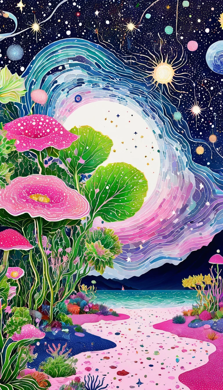 Psychedelic Art。plant、Marine life、Eye、Starry Sky,An abstract painting at the joint,Describing the inner world of autistic people,Sense of space,blank,White Space,Pointillism method,Childish lines,Pink theme
