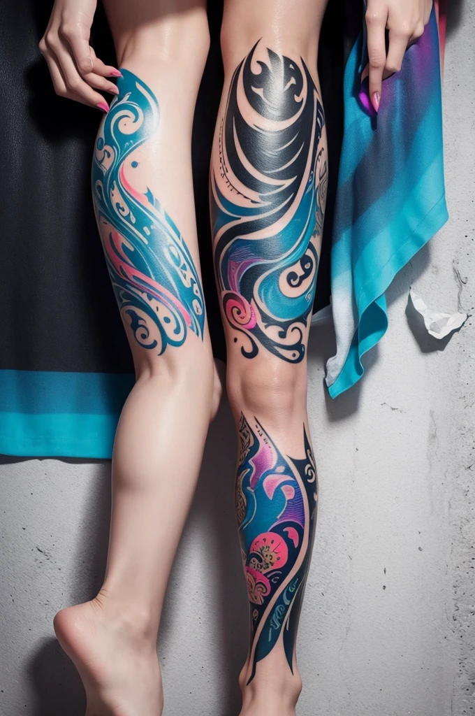 Tattoo on the side of the leg with flashy and abstract colors in the shape of smoke representing the human soul and life with colors present in nature, animals and the sea