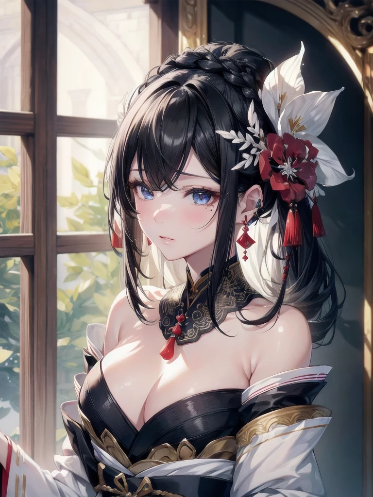 absurdres, RAW photo, extremely delicate and beautiful, masterpiece, Best Quality, ultra high resolution, 32k, hyperrealistic, ultra-detailed, delicate facial features, beautiful detailed woman, tearful mole, earring, medium breasts, full body shot, medium hair, black hair, wavy hair, Onmyoji,