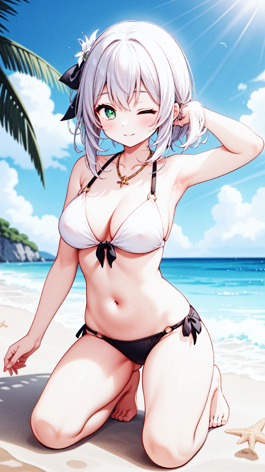 1girl,masterclass,best quality, illustration, solo, large breast, nahidadef, ;), smile, one eyes closed,bare_shoulders,beach,blue_sky,blush,breasts,cloud,front-tie_bikini_top,front-tie_top,full_body,navel,necklace,o-ring,o-ring_bikini,ocean,on_ground,outdoors,seiza,sitting,spread legs,sky,stomach,sunlight,swimsuit,arm up, arm behind head, armpits