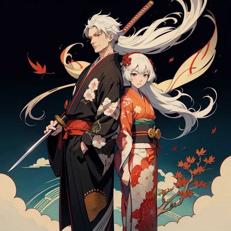 A tall man in kimono and a short woman in kimono are leaning back to back. 2d, anime film still, anime art paper, official anime artwork, key art, key visual, anime key visual, Japanese style, kimono, traditional Japanese patterns, The woman is holding a katana sword. anime visuals, anime, very high budget anime film, official art, anime key art, The background is a collage of traditional Japanese patterns. Autumn leaves are scattered. Japanese traditional colors, Japanese traditional colors, Her long hair is white. His long hair is black.
#abb05e,
#a3ab5e,
#c7be7d,
#752130,
#a66352,
#907dd7,
#312c7c,
#913542,
#fcfcfc,
#23282e,