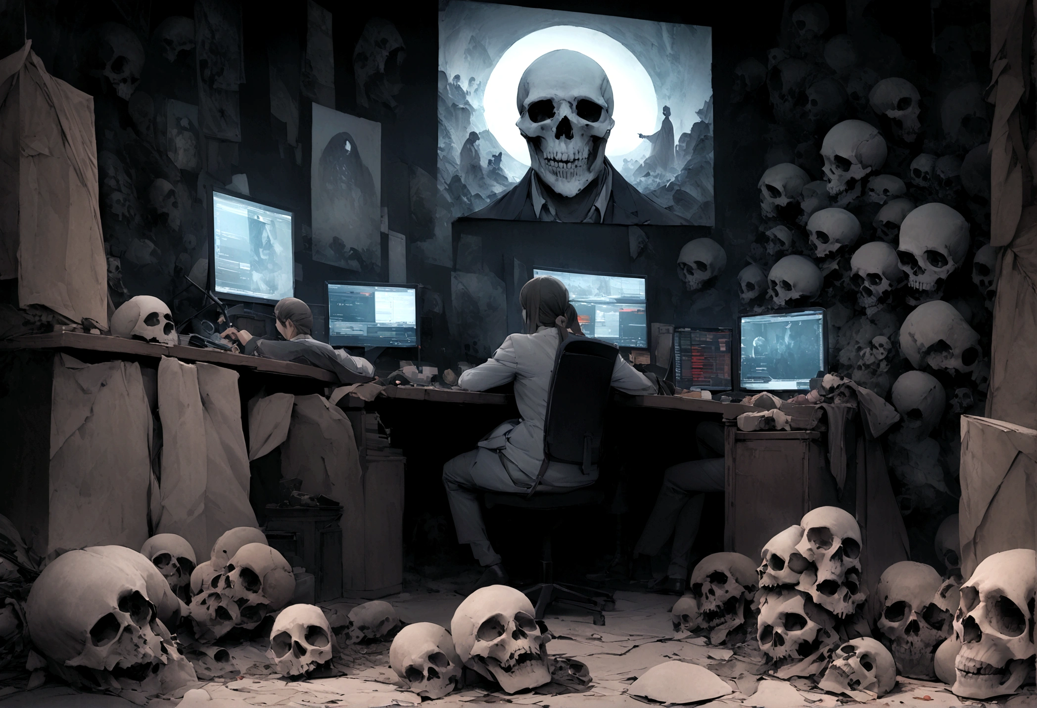 "An evil skull day trader sitting in front of the computer doing trading, top quality picture. Add the text 'Eder Santo Professional trader investments Creating terror in the market' in the image."