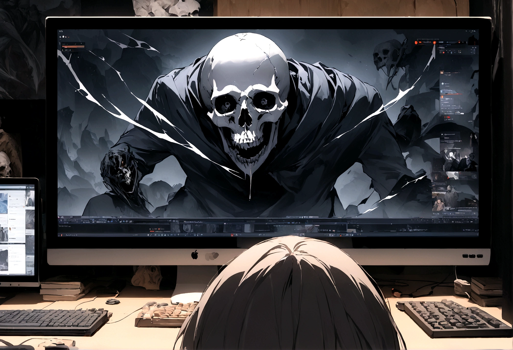 "An evil skull day trader sitting in front of the computer doing trading, top quality picture. Add the text &#39;Eder Santo Professional trader investments Creating terror in the market&#39; in the image."