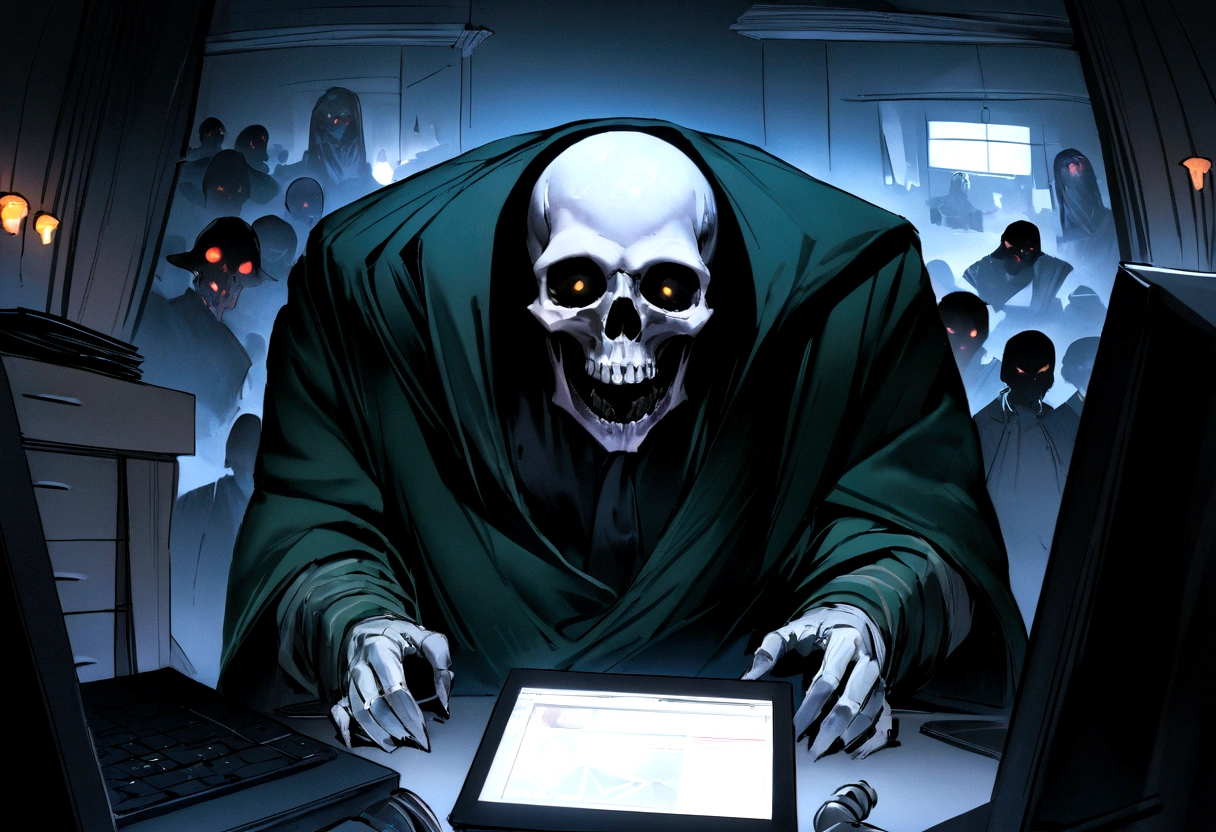 "An evil skull day trader sitting in front of the computer doing trading, top quality picture. Add the text &#39;Eder Santo Professional trader investments Creating terror in the market&#39; in the image."