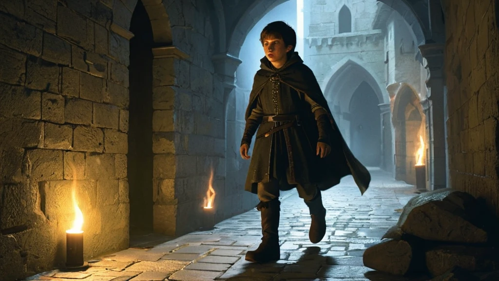 A medium-haired boy sprinted down the dimly lit hallway of the medieval city, his heart pounding in rhythm with his hurried footsteps. The narrow passageways echoed with the clatter of his worn boots against the cobblestones, while flickering torchlight cast eerie shadows on the ancient stone walls. With each turn, the boy glanced over his shoulder, his breath quickening as the distant sound of pursuit grew louder.