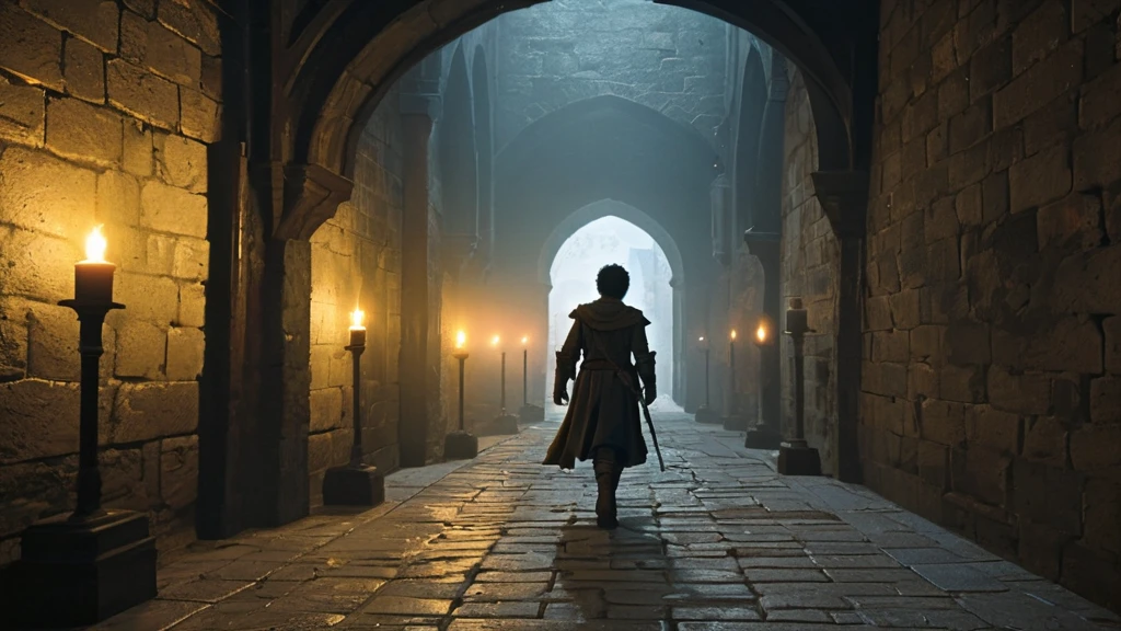 A medium-haired boy sprinted down the dimly lit hallway of the medieval city, his heart pounding in rhythm with his hurried footsteps. The narrow passageways echoed with the clatter of his worn boots against the cobblestones, while flickering torchlight cast eerie shadows on the ancient stone walls. With each turn, the boy glanced over his shoulder, his breath quickening as the distant sound of pursuit grew louder.