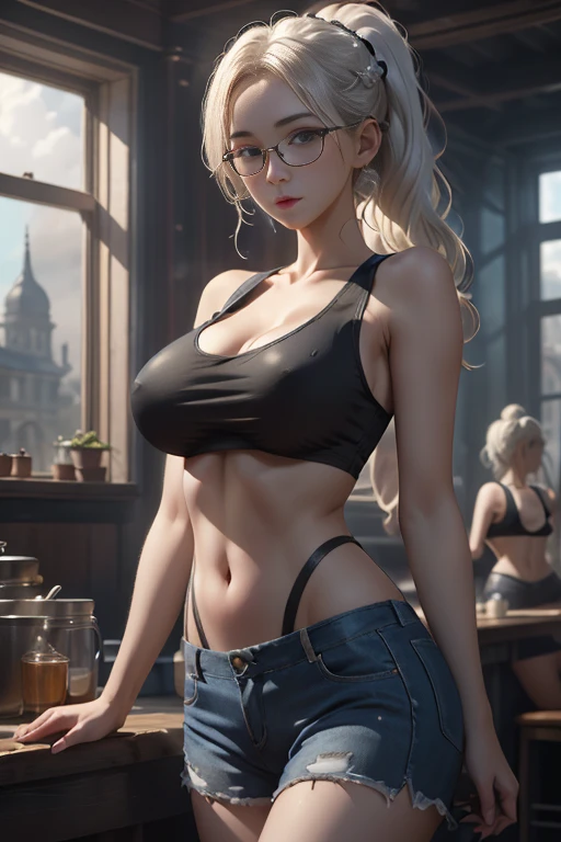 masterpiece、highest quality、Very detailed、An illustration、Beautiful fine details、One Girl、cute、Detailed landscape、Training Room Background:1.4、Platinum Blonde Hair、Braided Ponytail、Red camisole、((D cup breasts, Tank top showing underboob:1.3))