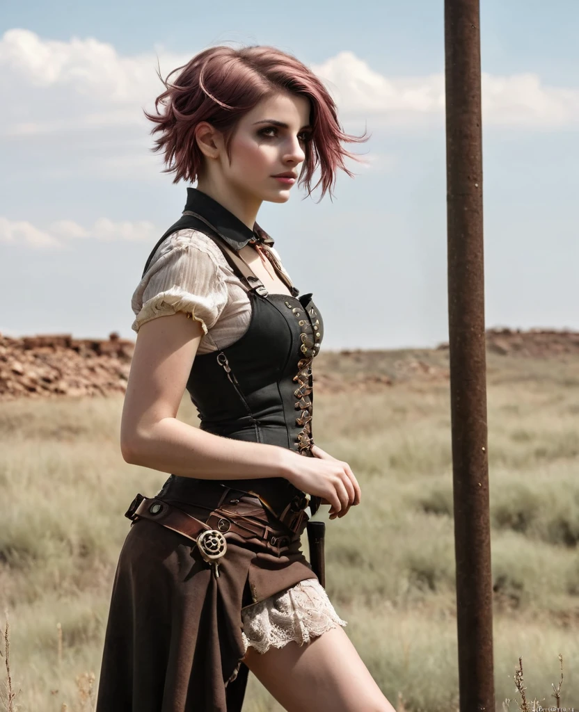 (((high resolution))), (((extremely detailed))), ((masterpiece)), dramatic shadows, depth of field, analog photo style, (world in which are collide steampunk and postapocalyptic vibes), postapocalyptic cute female in steampunk torn dirty clothes, looks like Aerith Gainsborough, depth of field, full body shot, unzoomed, (perfect body: 1.4), (sidecut short hairstyle), (stalking is quite common, although not the best way to make a living), looks interested, stylized atmosphere of unreality, dark aesthetic, dynamic pose, in motion, Armageddon, increase cinematic lighting, highly lifelike skin texture, parted lips, weary eyes, fine eyes, whitened skin, random hair colour, doomsday aura,