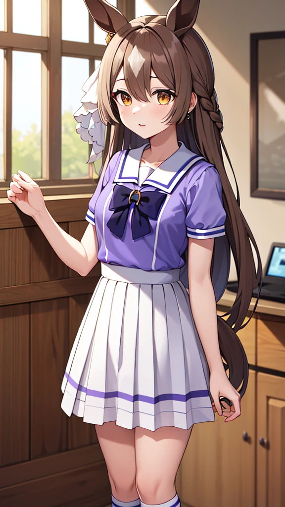 masterpiece, Highest quality, High resolution, bbsato, Long Hair, Half Up, Braiding, Hair between the eyes, Animal ears, earrings, Horse tail, vestige , Sailor collar, bow tie, Purple Shirt, Sailor shirt, Short sleeve, White Skirt, White knee socks, indoor, Are standing, Cowboy Shot