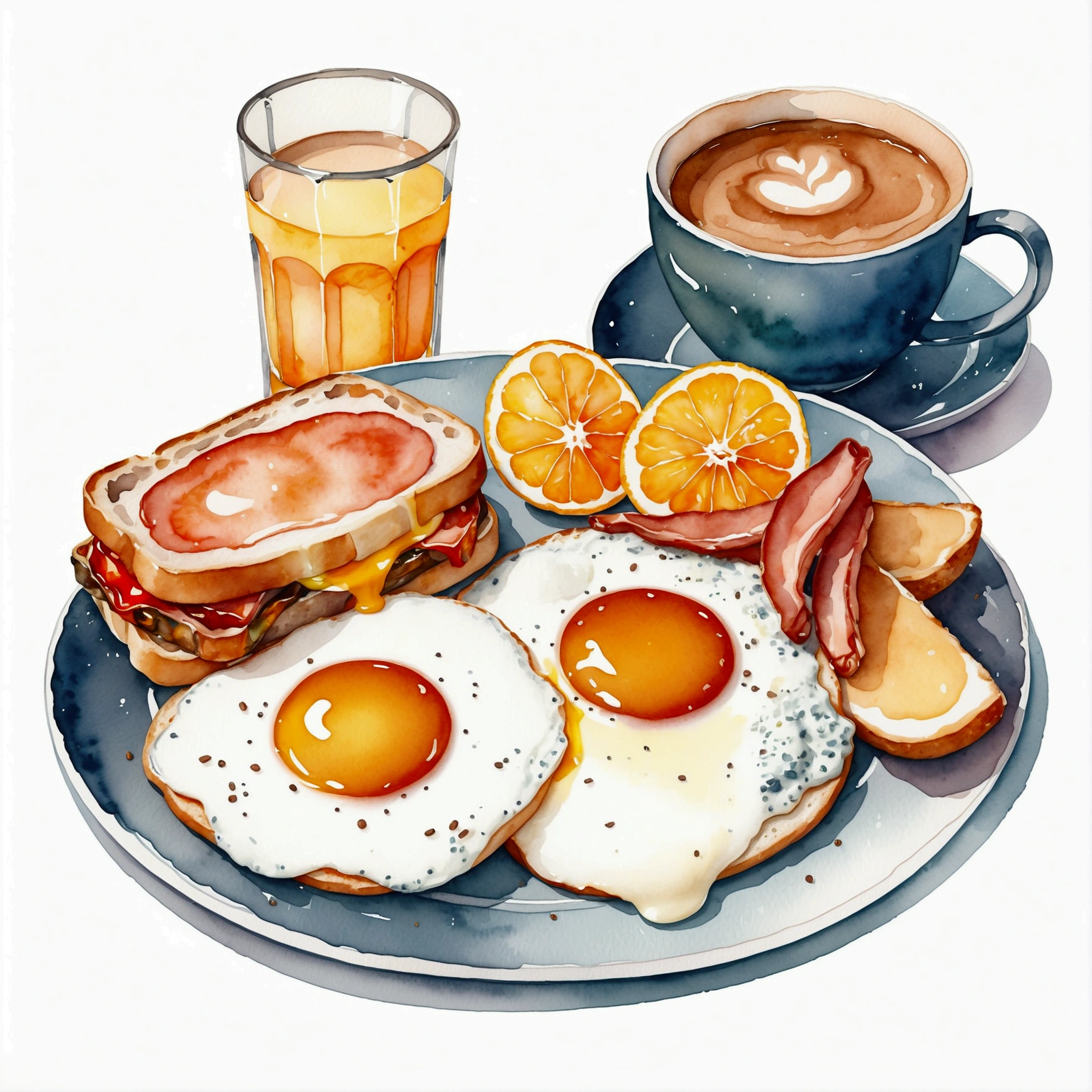 A watercolor painting of a full English breakfast menu, with a cup of coffee and orange juice, isolated, surrounded with negative space, vector clipart