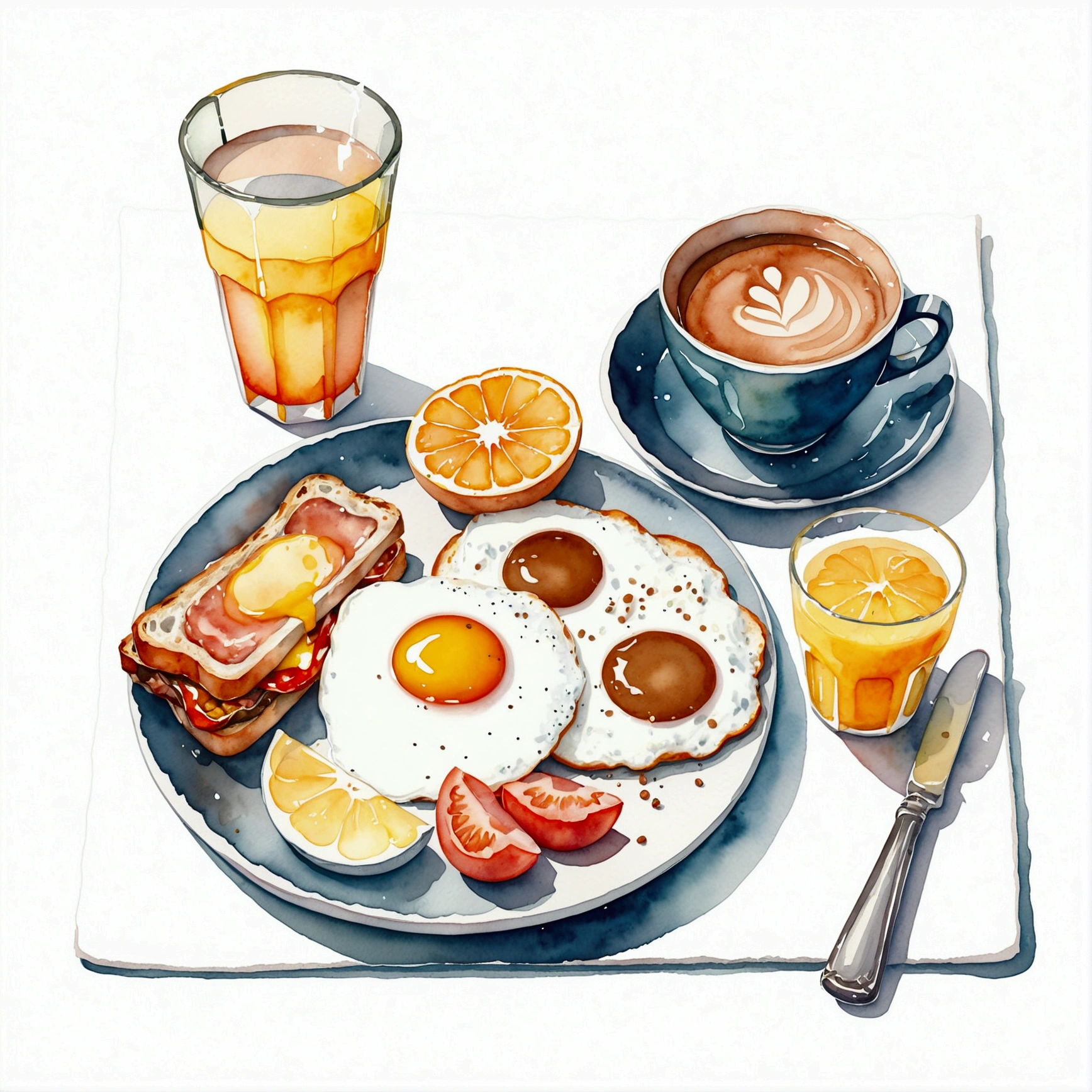 A watercolor painting of a full English breakfast menu, with a cup of coffee and orange juice, isolated, surrounded with negative space, vector clipart