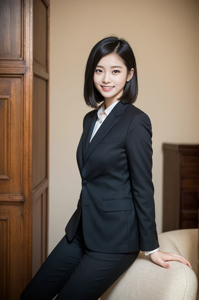 Pure young Japanese girl, wearing dark colors style suits, vivid makeup, natural black hair styles, sitting in antique in style rooms, sweet smile, professional portrait photography, midnight,