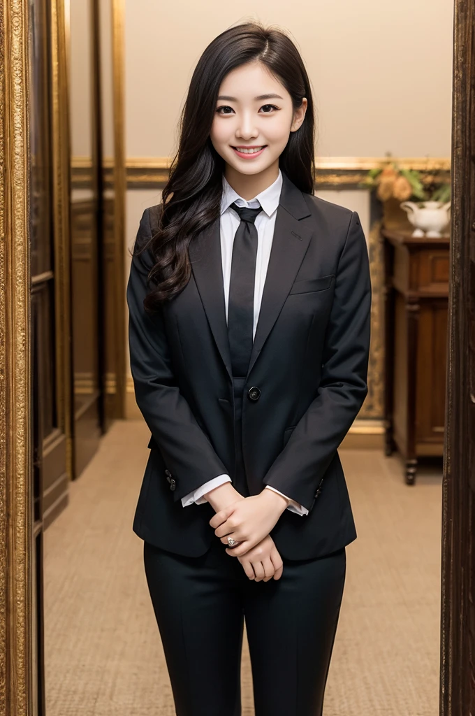 Pure young Japanese girl, wearing dark colors style suits, vivid makeup, natural black hair styles, sitting in antique in style rooms, sweet smile, professional portrait photography, midnight,