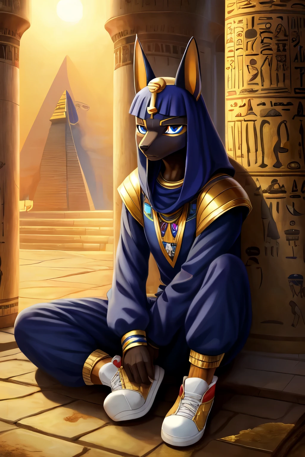 ((best quality)), ((masterpiece)), (detailed), 1 boy, jumper, pants, shoes, golden scythe, anubis, god anubis, sad, blue eyes, egypt, kemono, furry