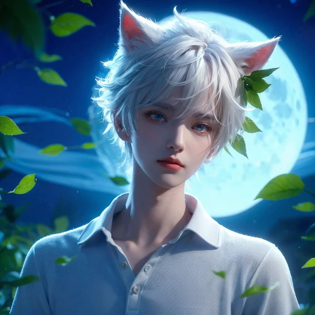 Handsome boy, white hair, red eyes, white wolf ear, with green leaves on his hair, wearing plain white polo, blue full moon, nighttime