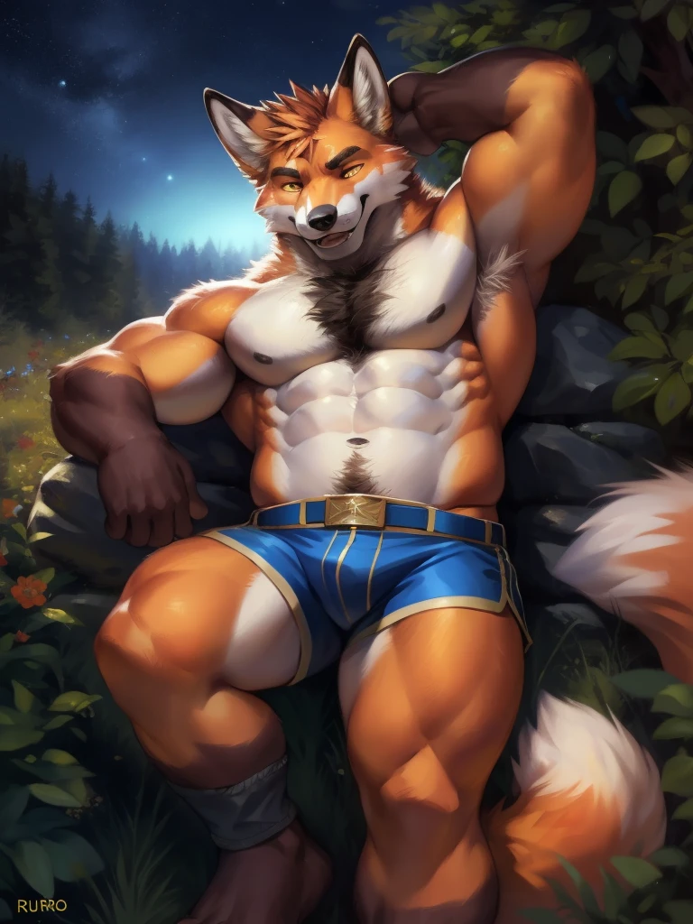 Solo, Male, (Muscular), shaman, (Male fox):1.3, Orange skin, White belly,Muscle texture,hairy skin,Lean, ssmile,Keep one's mouth shut,Detailed eyes, fox tails,Fox ears ,Handsome,Dumb cute,Pampering,Solo, Shoot from a retro perspective,down view,Head up,Full of love,Very tempting,Side to the lens,(Outdoors:1.35), Evening environment:1.3,light yellow eyes,Eye repair,Clear eyes,Dressed,Shorts,realisticlying,realistic hand,8k hdr,In the middle of the night, When it's quiet,(Dark tones,Wide dynamic range,hdr,low-light:1.2),author(pino daeni,(author:by ruaidri),author:virtyalfobo)。