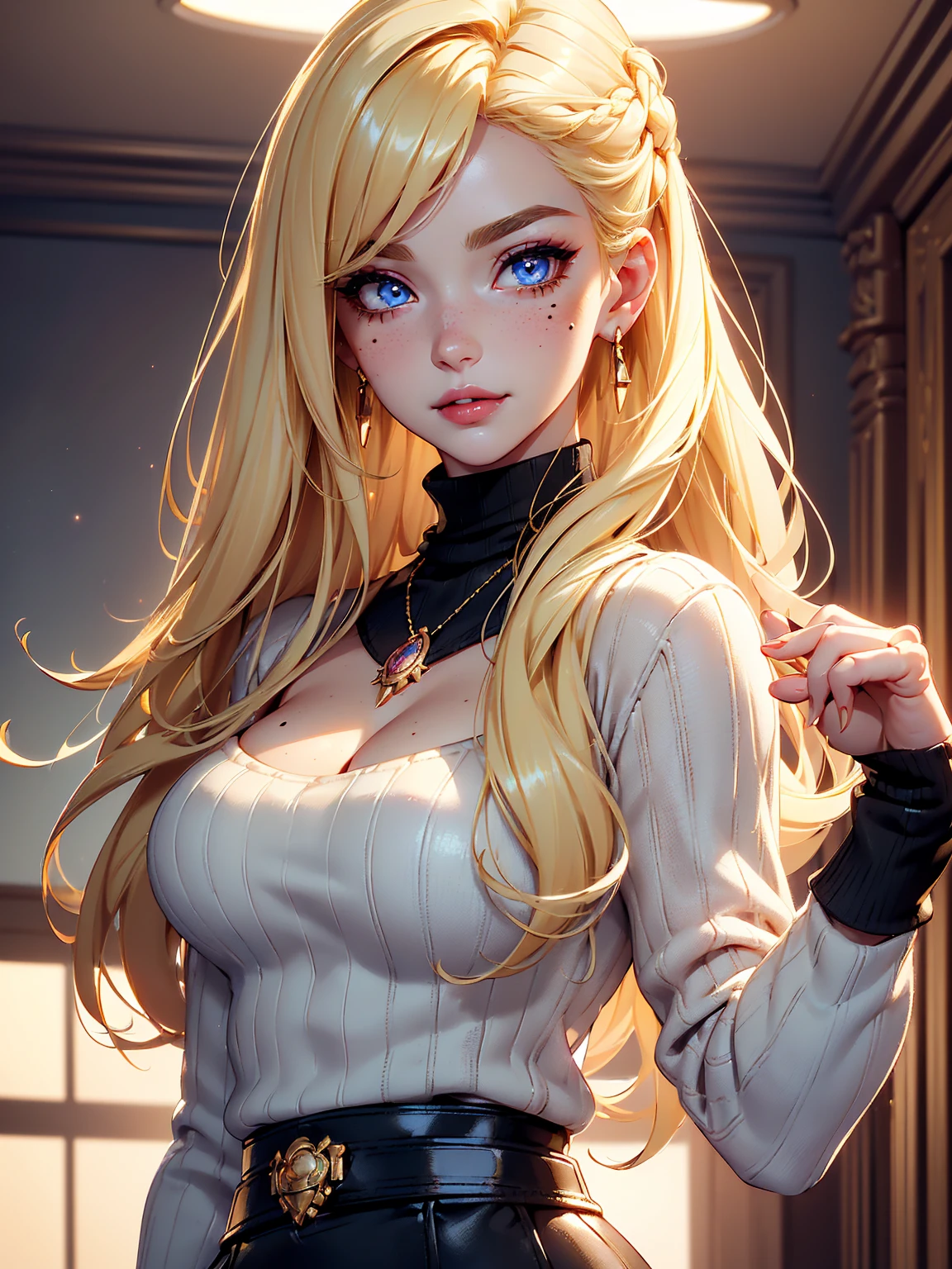 (((Blonde stunning hair))), (blue eyes), blue necklace, Golden earrings, Fit, Gorgeous Body, gorgeous, brown eyebrows, (two moles over lip), big pupils, (23 years old), 1girl,solo, complex skin, warm light, (large breasts), wide thighs, round butt, 5 fingers, ((blushing)), ((detailed face, best quality)), ((masterpiece)), ((ultra-detailed)), (beautiful detailed eyes), red lip, eyeshadow, beautiful face, long hair, very detailed eyes, intricate details in eyes, perfect lips, good lighting, ((turtleneck sweater wearing, garter black belt wearing)), in pink office room, workplace background, evil smile, cleavage, from below, full body:1.4