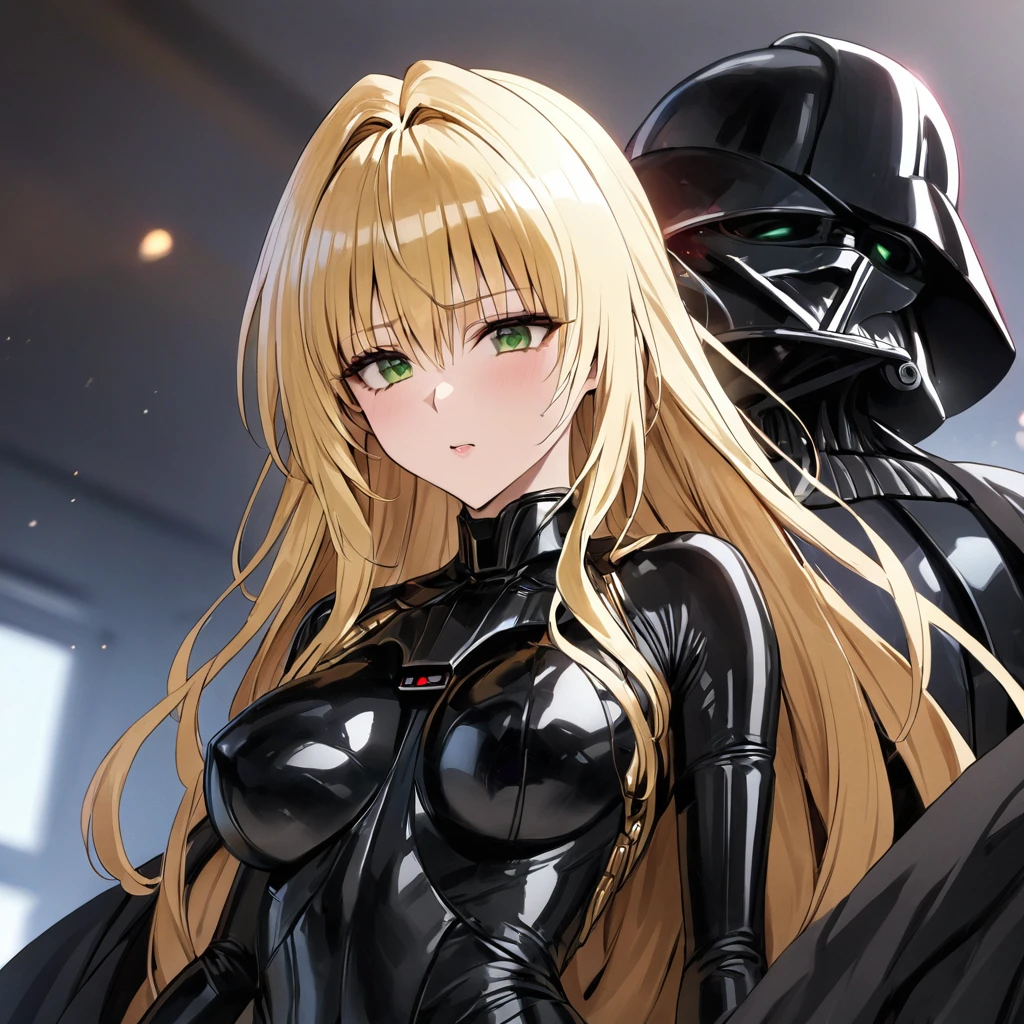 ((Highest quality)), ((masterpiece)), (detailed), (Perfect Face)、The woman is a Stormtrooper named Tiare, with green eyes, medium-length blonde hair, and is wearing a gorgeous black Stormtrooper bodysuit with gold patterns and trim, and a gorgeous black cape.、The woman is forced to wear a Darth Vader mask and helmet and becomes a female Darth Vader.