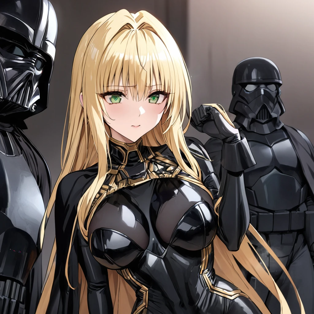 ((Highest quality)), ((masterpiece)), (detailed), (Perfect Face)、The woman is a Stormtrooper named Tiare, with green eyes, medium-length blonde hair, and is wearing a gorgeous black Stormtrooper bodysuit with gold patterns and trim, and a gorgeous black cape.、The woman is forced to wear a Darth Vader mask and helmet and becomes a female Darth Vader.