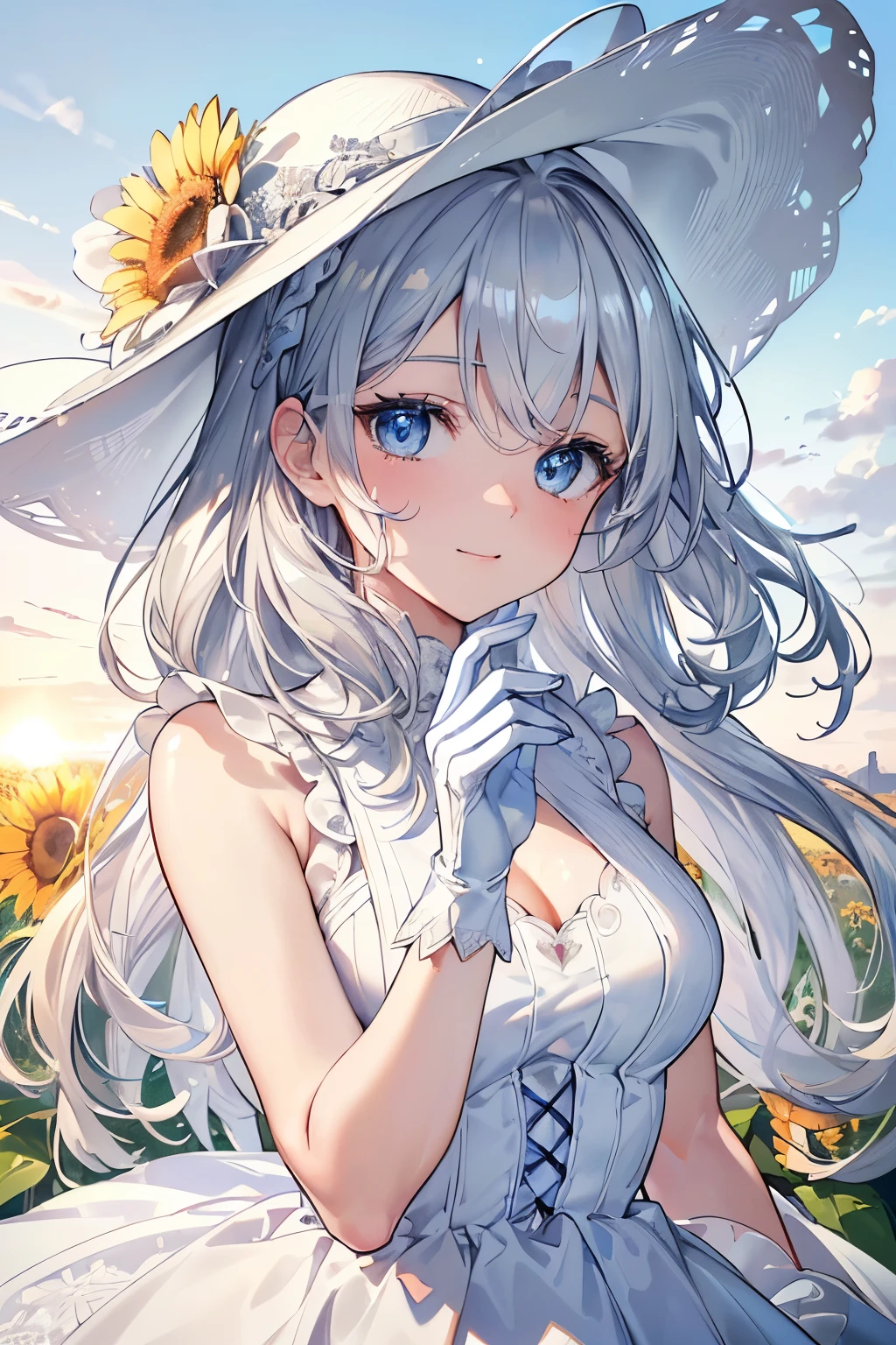 (Best quality,4K,8K,High resolution,Masterpiece:1.2),Super detailed,(Actual, Realistic),
break,
((Beautiful clear blue eyes:1.2)),
break,
((Beautiful and shiny silver hair:1.3)),natural wavy hair,shy smile,
break,
(white dress and hat:1.3),
break,
sunflower field,((bust shot)),((zoom in)),lace gloves