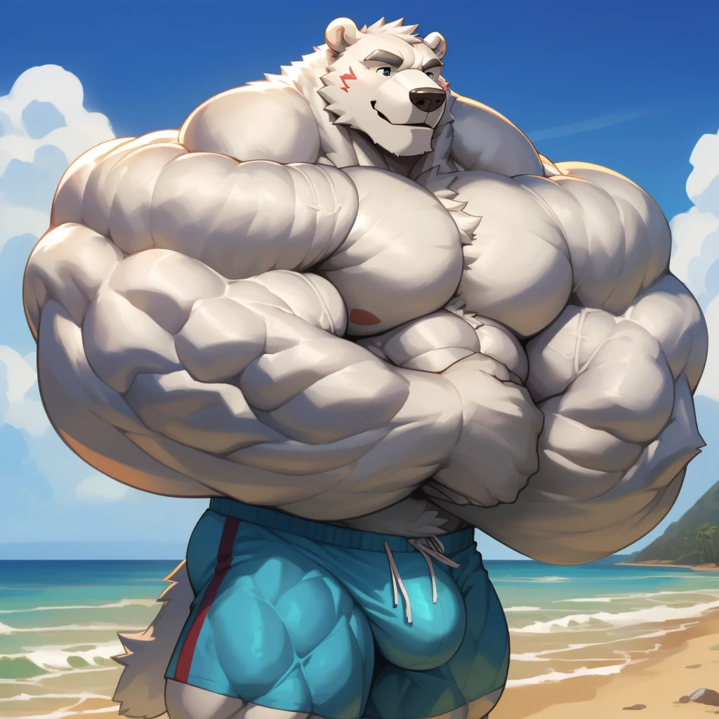 solo, 1boy, correct anatomy, perfect anatomy, (furry white bears, polar bear,) perfect proportion, big eyes, wide chest, bulky, bulk, bulge, happy. Huge Muscular Old man at the beach carrying a huge boulder,(blue shorts), view from side, pectoral, thick arms, huge pectoral, huge white fur, wide pectoral, tropical beach background, masterpiece, semirealistic:1.2, high detailed, 8k, high resolution, perfect center, full view. ((really big muscle, massive muscular, sixpack, thick arms, wide pectoral, super huge muscle, hyper muscular, over sized muscle, huge arms, big arms, huge pectoral))